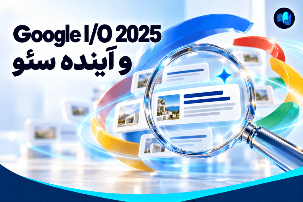 تصویر مفهومی Google I/O 2025 و آینده سئو با ذره‌بین، نتایج جستجو و نماد هوش مصنوعی